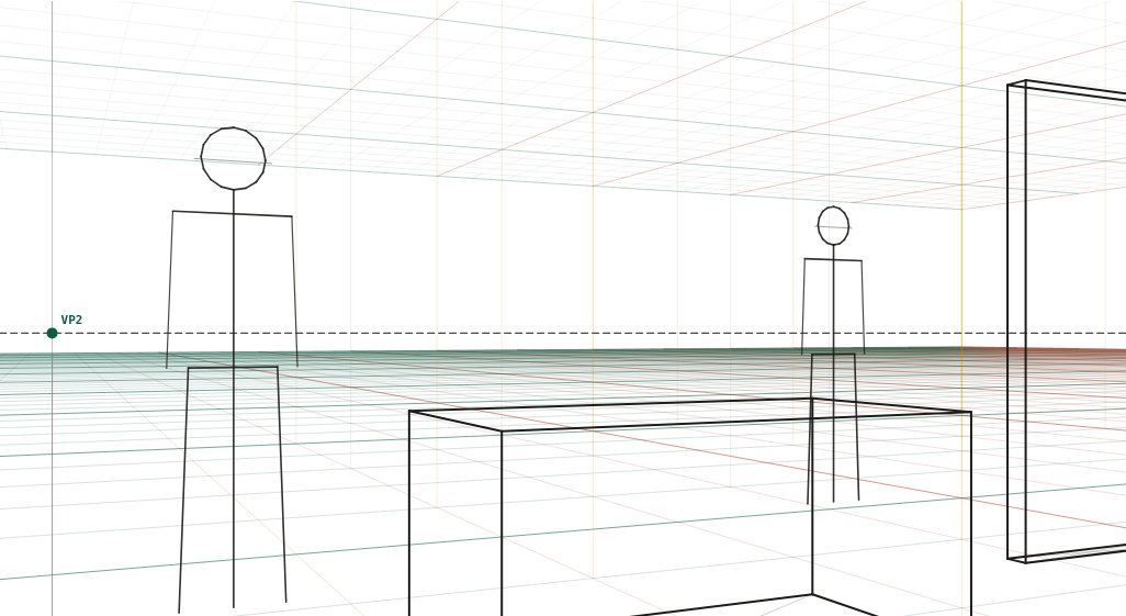 Adults, a table and a door from a camera 1.0 m off the ground.