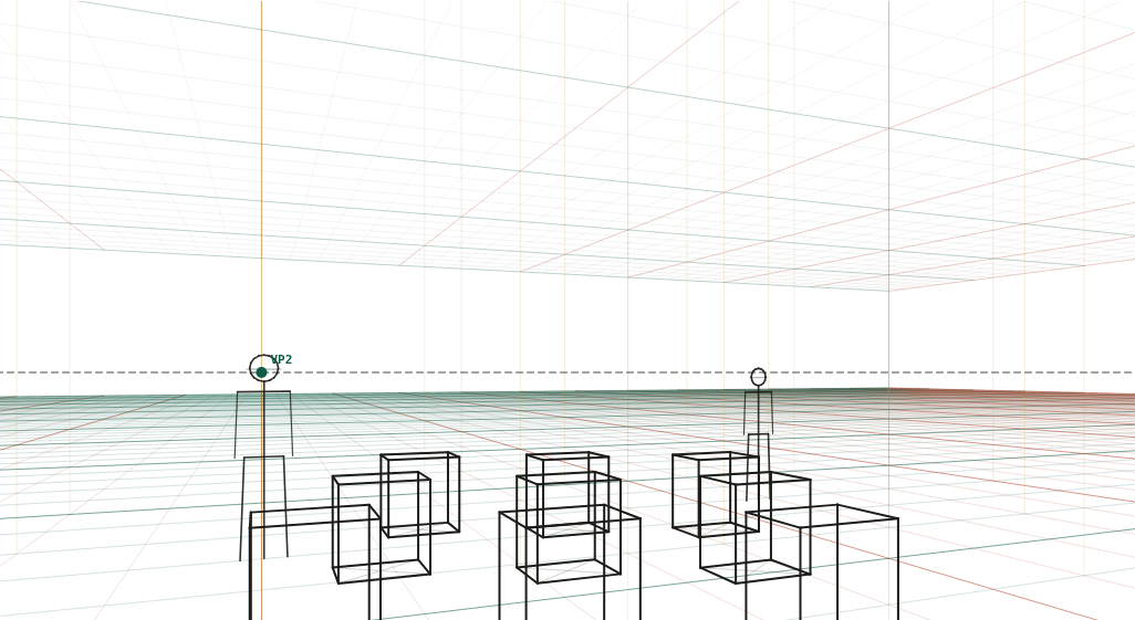 Nine desks in three rows with two standing figures, seen from a corner at 24 mm.