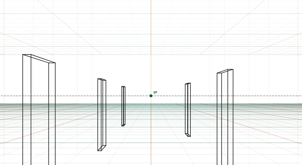 A 3 m wide corridor with doors at 4, 6, 9, 12 and 16 m, straight on at 35 mm.