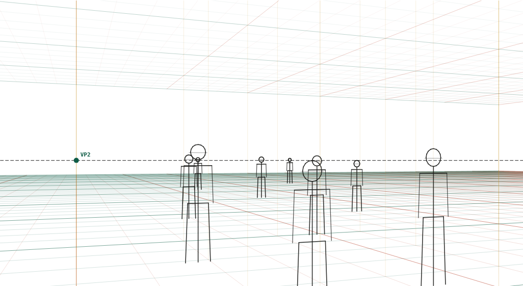 Crowd, standing camera: Ten figures of 1.6–1.85 m scattered from 4 to 36 m, camera at 1.6 m.