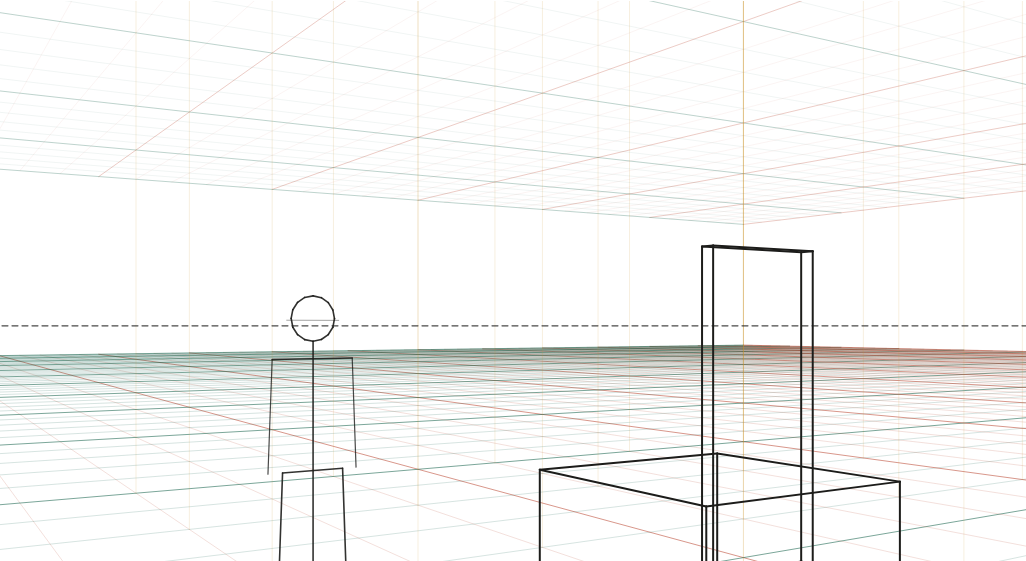 The three scale references most drawings need: a 1.75 m person, a 2.1 m door and a 1 m crate.