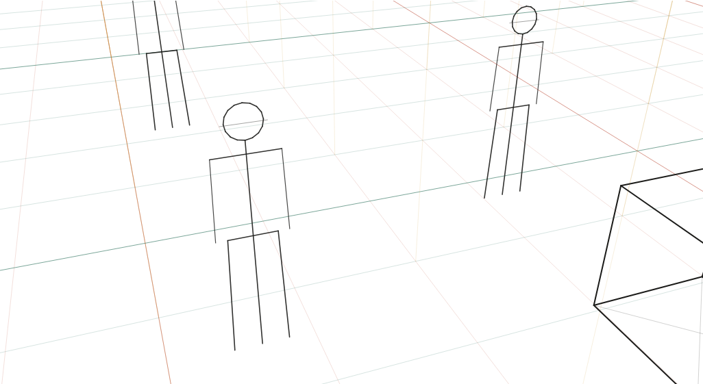 Figures from above: Three figures and a crate from 3.2 m up, tilted 30° down: the balcony or staircase view.