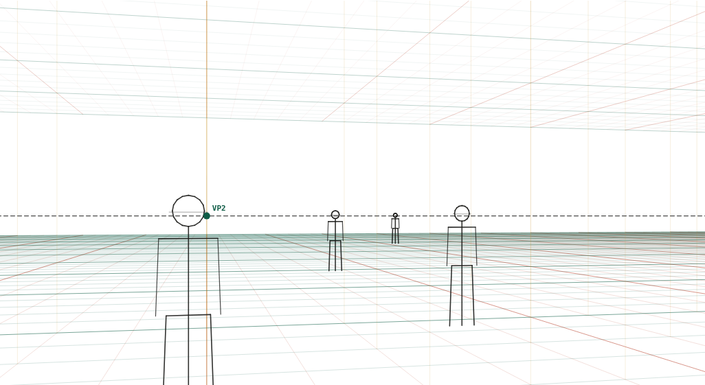 Four 1.75 m figures at 5, 10, 20 and 40 m from a standing camera.