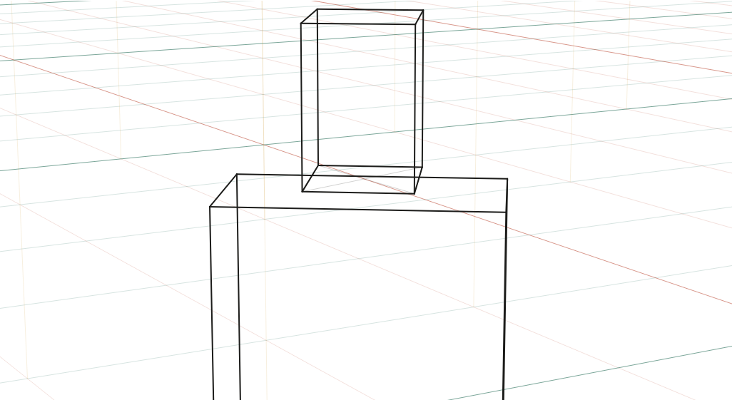 The same head box and body block from a camera at 2 m tilted 12° down: the high three-quarter view.