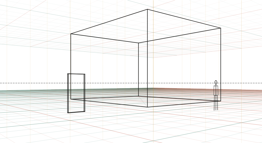 House from the corner: A 9 × 11 m two-storey house at 35 mm from the corner, with a figure for scale.