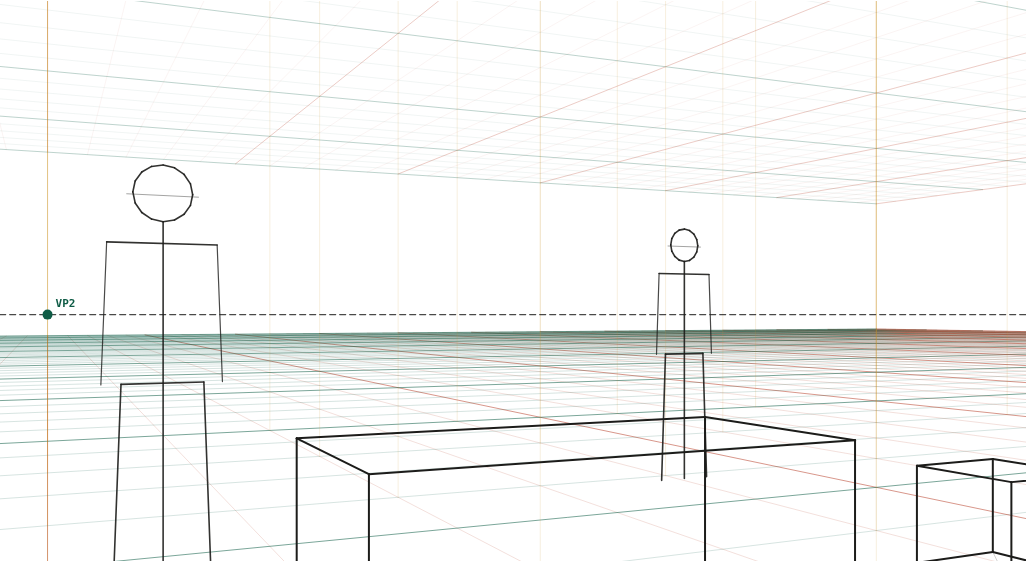 Standing figures, a table and a chair from a seated camera at 1.15 m.