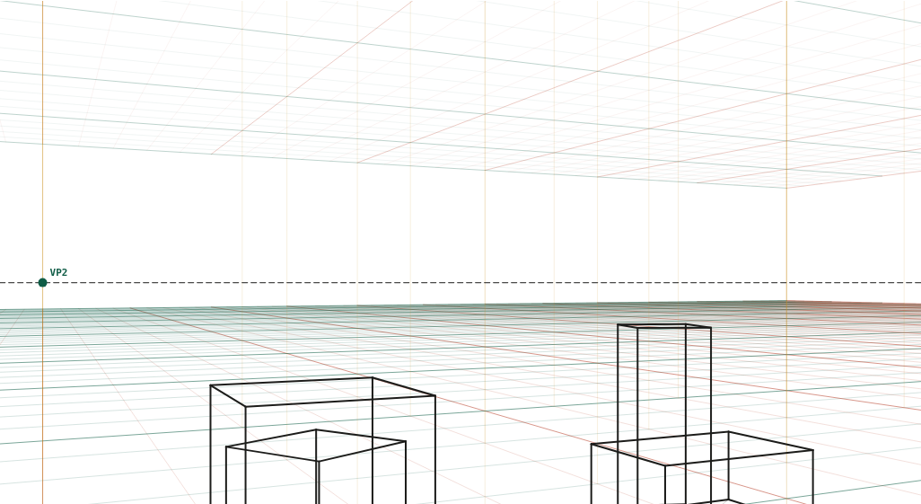Stacked and rotated boxes: A cube, a rotated cube, a slab and a tall block: four boxes, three sets of vanishing points.